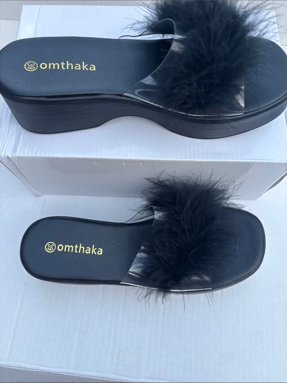 Omthaka Black Faux Fur Platform Slide Sandals